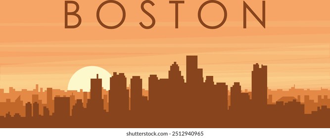 Brown panoramic poster of the city skyline with misty background buildings, sunrise, clouds and mountains of BOSTON, UNITED STATES