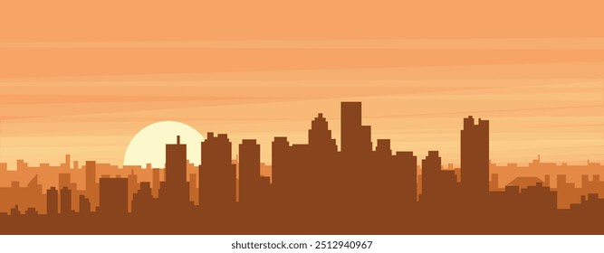 Brown panoramic poster of the city skyline with misty background buildings, sunrise, clouds and mountains of BOSTON, UNITED STATES