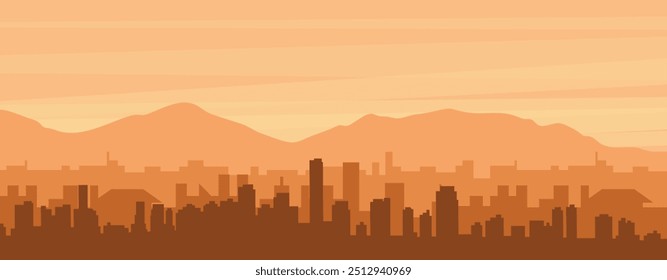 Póster panorámico marrón del horizonte de la ciudad con edificios de fondo brumoso, amanecer, nubes y montañas de MIAMI, ESTADOS UNIDOS