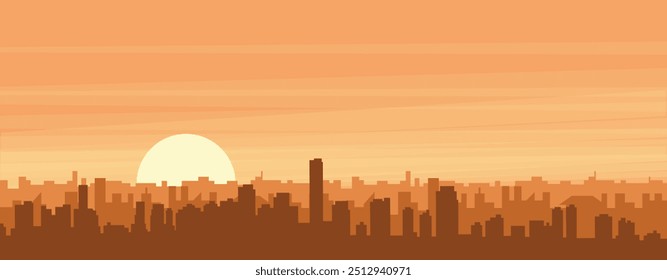 Brown panoramic poster of the city skyline with misty background buildings, sunrise, clouds and mountains of MIAMI, UNITED STATES