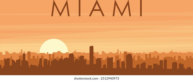 Brown panoramic poster of the city skyline with misty background buildings, sunrise, clouds and mountains of MIAMI, UNITED STATES