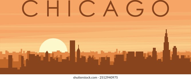 Cartaz panorâmico marrom do horizonte da cidade com edifícios de fundo nebulosos, nascer do sol, nuvens e montanhas de CHICAGO, ESTADOS UNIDOS