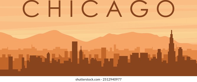 Cartaz panorâmico marrom do horizonte da cidade com edifícios de fundo nebulosos, nascer do sol, nuvens e montanhas de CHICAGO, ESTADOS UNIDOS