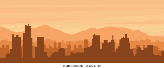 Brown panoramic poster of the city skyline with misty background buildings, sunrise, clouds and mountains of DETROIT, UNITED STATES