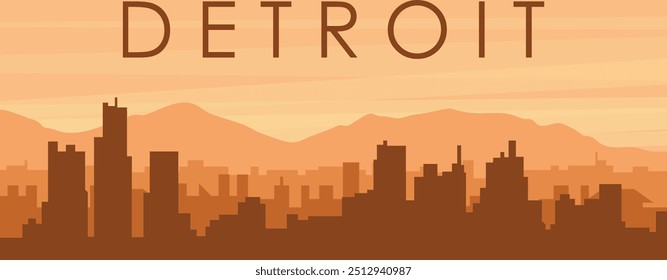 Brown panoramic poster of the city skyline with misty background buildings, sunrise, clouds and mountains of DETROIT, UNITED STATES