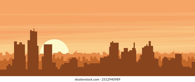 Brown panoramic poster of the city skyline with misty background buildings, sunrise, clouds and mountains of DETROIT, UNITED STATES