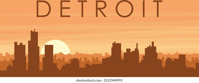 Brown panoramic poster of the city skyline with misty background buildings, sunrise, clouds and mountains of DETROIT, UNITED STATES