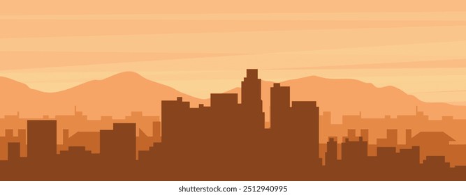 Brown panoramic poster of the city skyline with misty background buildings, sunrise, clouds and mountains of LOS ANGELES, UNITED STATES