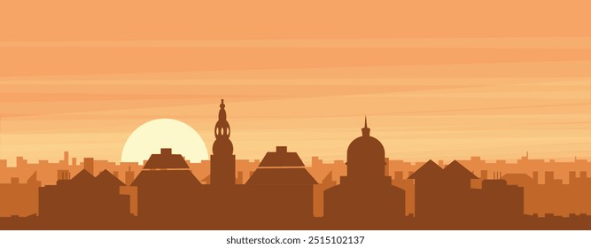 Cartel panorámico marrón del horizonte de la ciudad con edificios de fondo brumoso, amanecer, nubes y montañas de COPENHAGUE, DINAMARCA