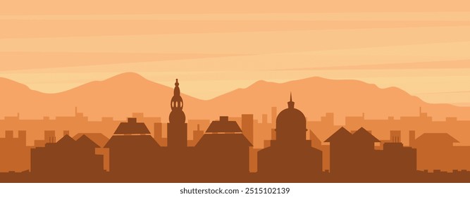 Cartel panorámico marrón del horizonte de la ciudad con edificios de fondo brumoso, amanecer, nubes y montañas de COPENHAGUE, DINAMARCA