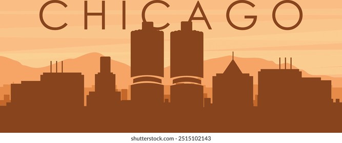 Cartaz panorâmico marrom do horizonte da cidade com edifícios de fundo nebulosos, nascer do sol, nuvens e montanhas de CHICAGO, ESTADOS UNIDOS