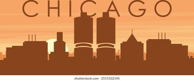 Cartaz panorâmico marrom do horizonte da cidade com edifícios de fundo nebulosos, nascer do sol, nuvens e montanhas de CHICAGO, ESTADOS UNIDOS