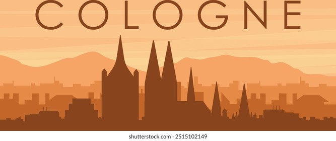 Brown panoramic poster of the city skyline with misty background buildings, sunrise, clouds and mountains of COLOGNE, GERMANY