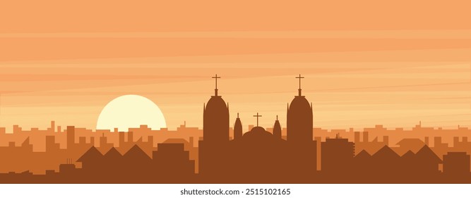 Brown panoramic poster of the city skyline with misty background buildings, sunrise, clouds and mountains of CUSCO, PERU