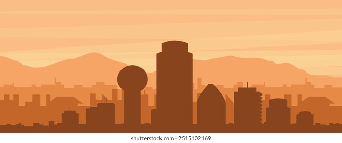 Brown panoramic poster of the city skyline with misty background buildings, sunrise, clouds and mountains of DALLAS, UNITED STATES