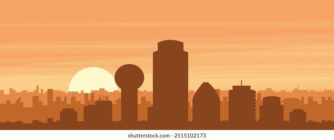 Brown panoramic poster of the city skyline with misty background buildings, sunrise, clouds and mountains of DALLAS, UNITED STATES