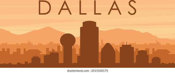 Brown panoramic poster of the city skyline with misty background buildings, sunrise, clouds and mountains of DALLAS, UNITED STATES