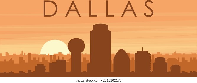 Brown panoramic poster of the city skyline with misty background buildings, sunrise, clouds and mountains of DALLAS, UNITED STATES