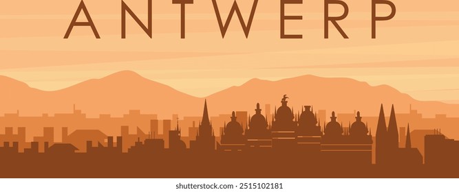 Brown panoramic poster of the city skyline with misty background buildings, sunrise, clouds and mountains of ANTWERP, BELGIUM