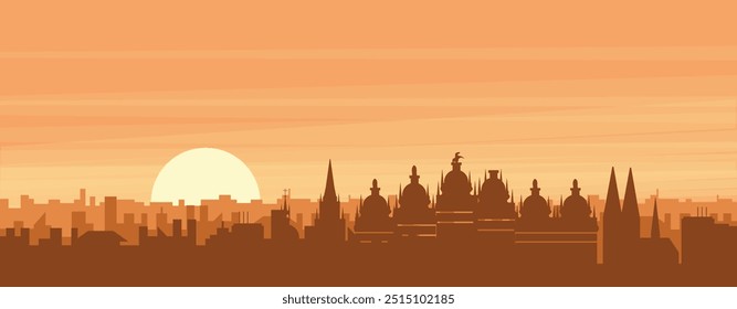 Brown panoramic poster of the city skyline with misty background buildings, sunrise, clouds and mountains of ANTWERP, BELGIUM
