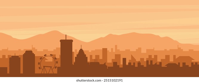 Brown panoramic poster of the city skyline with misty background buildings, sunrise, clouds and mountains of ATLANTA, UNITED STATES