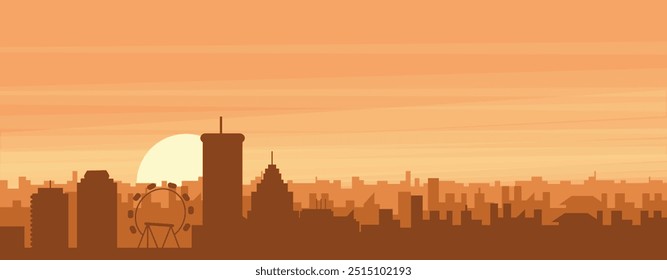 Brown panoramic poster of the city skyline with misty background buildings, sunrise, clouds and mountains of ATLANTA, UNITED STATES