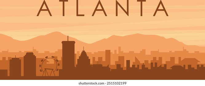 Brown panoramic poster of the city skyline with misty background buildings, sunrise, clouds and mountains of ATLANTA, UNITED STATES