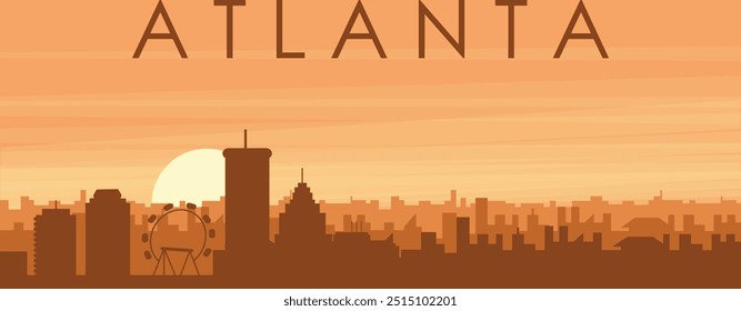 Brown panoramic poster of the city skyline with misty background buildings, sunrise, clouds and mountains of ATLANTA, UNITED STATES