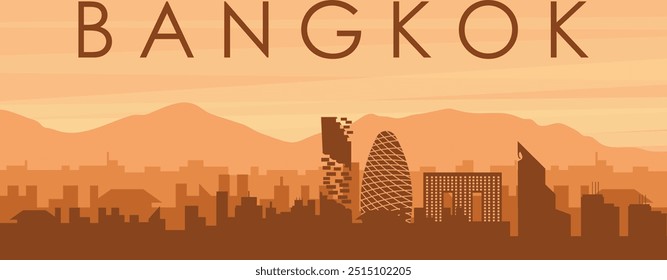 Brown panoramic poster of the city skyline with misty background buildings, sunrise, clouds and mountains of BANGKOK, THAILAND