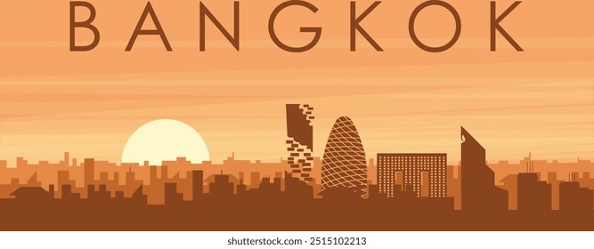 Brown panoramic poster of the city skyline with misty background buildings, sunrise, clouds and mountains of BANGKOK, THAILAND