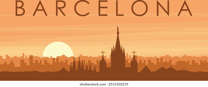 Brown panoramic poster of the city skyline with misty background buildings, sunrise, clouds and mountains of BARCELONA, SPAIN