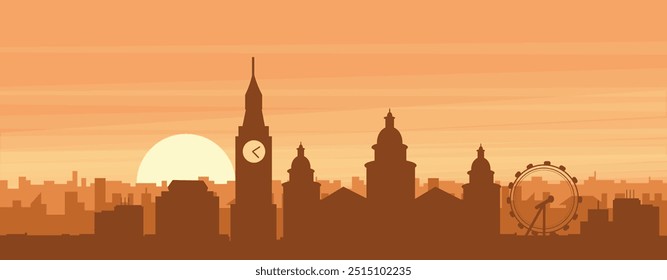 Brown panoramic poster of the city skyline with misty background buildings, sunrise, clouds and mountains of BELFAST, UNITED KINGDOM