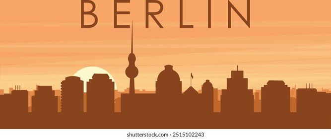 Brown panoramic poster of the city skyline with misty background buildings, sunrise, clouds and mountains of BERLIN, GERMANY
