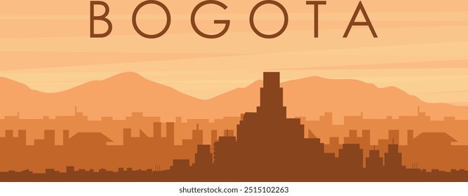 Brown panoramic poster of the city skyline with misty background buildings, sunrise, clouds and mountains of BOGOTA, COLOMBIA