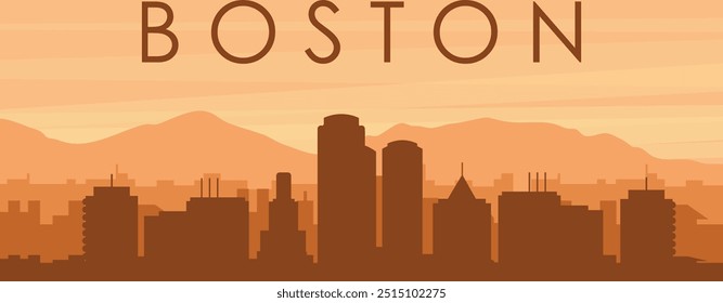 Brown panoramic poster of the city skyline with misty background buildings, sunrise, clouds and mountains of BOSTON, UNITED STATES