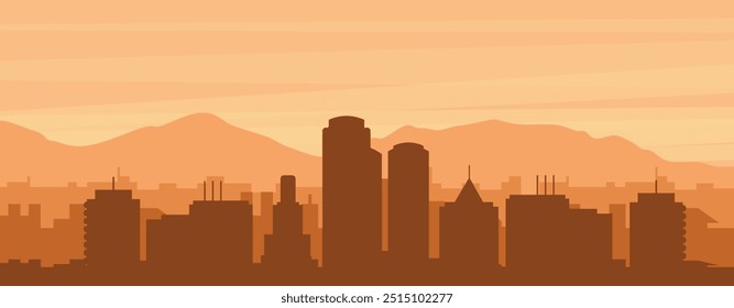 Brown panoramic poster of the city skyline with misty background buildings, sunrise, clouds and mountains of BOSTON, UNITED STATES