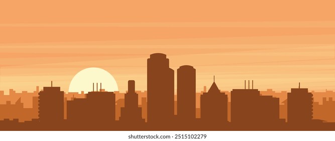 Brown panoramic poster of the city skyline with misty background buildings, sunrise, clouds and mountains of BOSTON, UNITED STATES