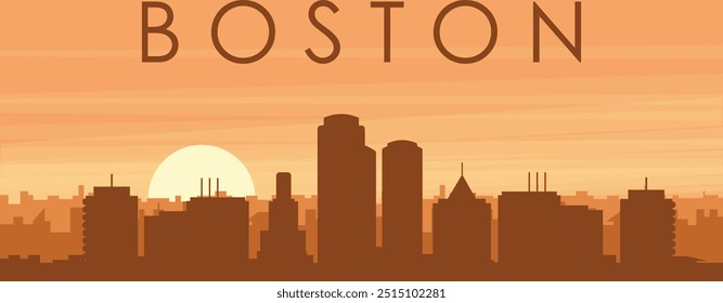 Brown panoramic poster of the city skyline with misty background buildings, sunrise, clouds and mountains of BOSTON, UNITED STATES