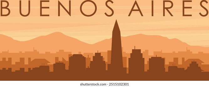 Brown panoramic poster of the city skyline with misty background buildings, sunrise, clouds and mountains of BUENOS AIRES, ARGENTINA