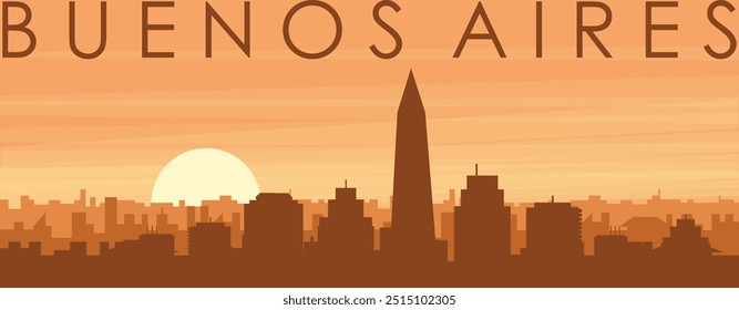 Cartaz panorâmico marrom do horizonte da cidade com edifícios de fundo nebulosos, nascer do sol, nuvens e montanhas de BUENOS AIRES, ARGENTINA