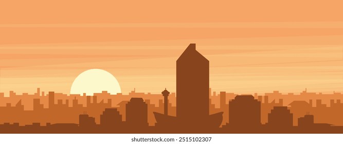 Brown panoramic poster of the city skyline with misty background buildings, sunrise, clouds and mountains of CALGARY, CANADA