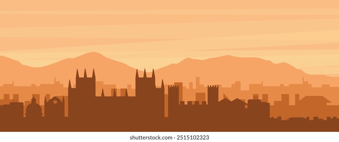 Brown panoramic poster of the city skyline with misty background buildings, sunrise, clouds and mountains of CANTERBURY, UNITED KINGDOM