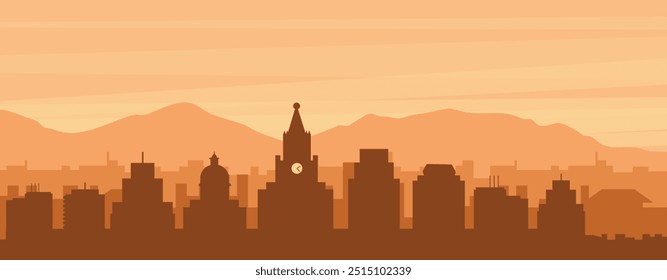 Brown panoramic poster of the city skyline with misty background buildings, sunrise, clouds and mountains of CARTAGENA, COLOMBIA