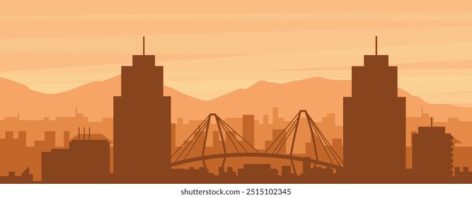 Brown panoramic poster of the city skyline with misty background buildings, sunrise, clouds and mountains of CHARLESTON, UNITED STATES