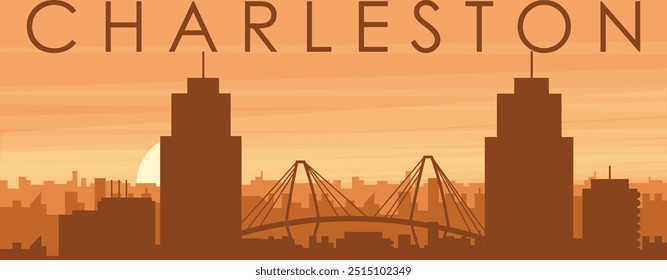 Brown panoramic poster of the city skyline with misty background buildings, sunrise, clouds and mountains of CHARLESTON, UNITED STATES