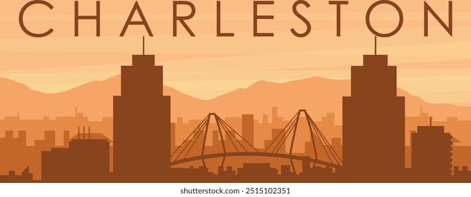 Brown panoramic poster of the city skyline with misty background buildings, sunrise, clouds and mountains of CHARLESTON, UNITED STATES