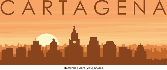 Brown panoramic poster of the city skyline with misty background buildings, sunrise, clouds and mountains of CARTAGENA, COLOMBIA