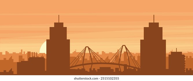 Brown panoramic poster of the city skyline with misty background buildings, sunrise, clouds and mountains of CHARLESTON, UNITED STATES