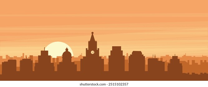 Brown panoramic poster of the city skyline with misty background buildings, sunrise, clouds and mountains of CARTAGENA, COLOMBIA