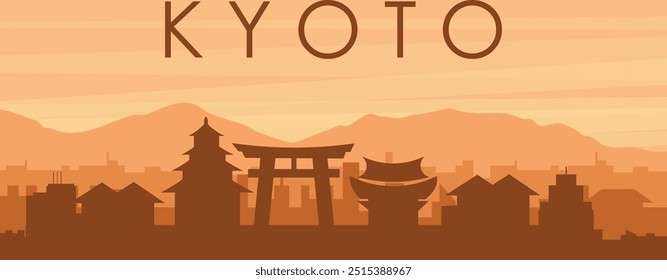 Brown panoramic poster of the city skyline with misty background buildings, sunrise, clouds and mountains of KYOTO, JAPAN